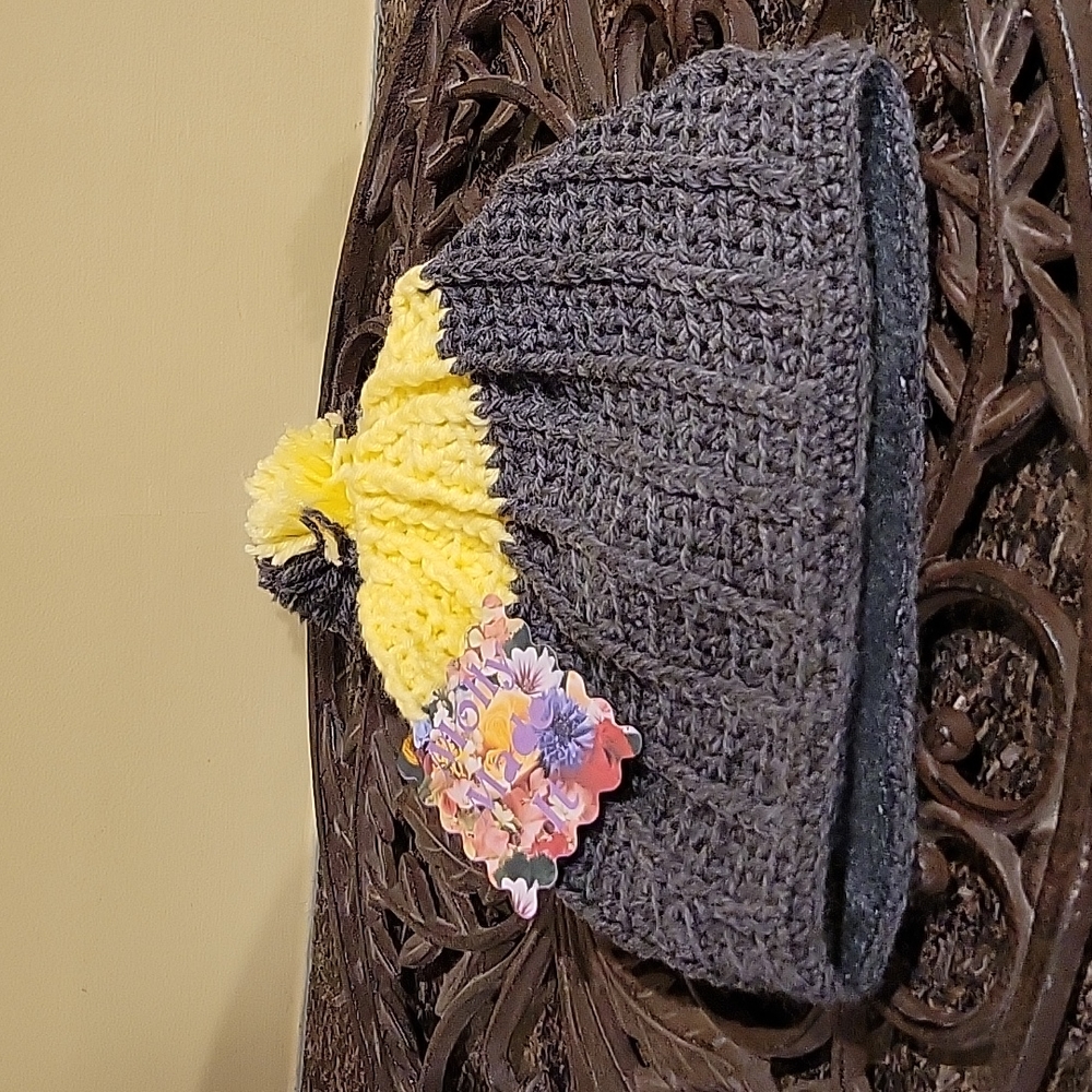 Handmade pom-pom hat beanie with fleece lining at ears crochet